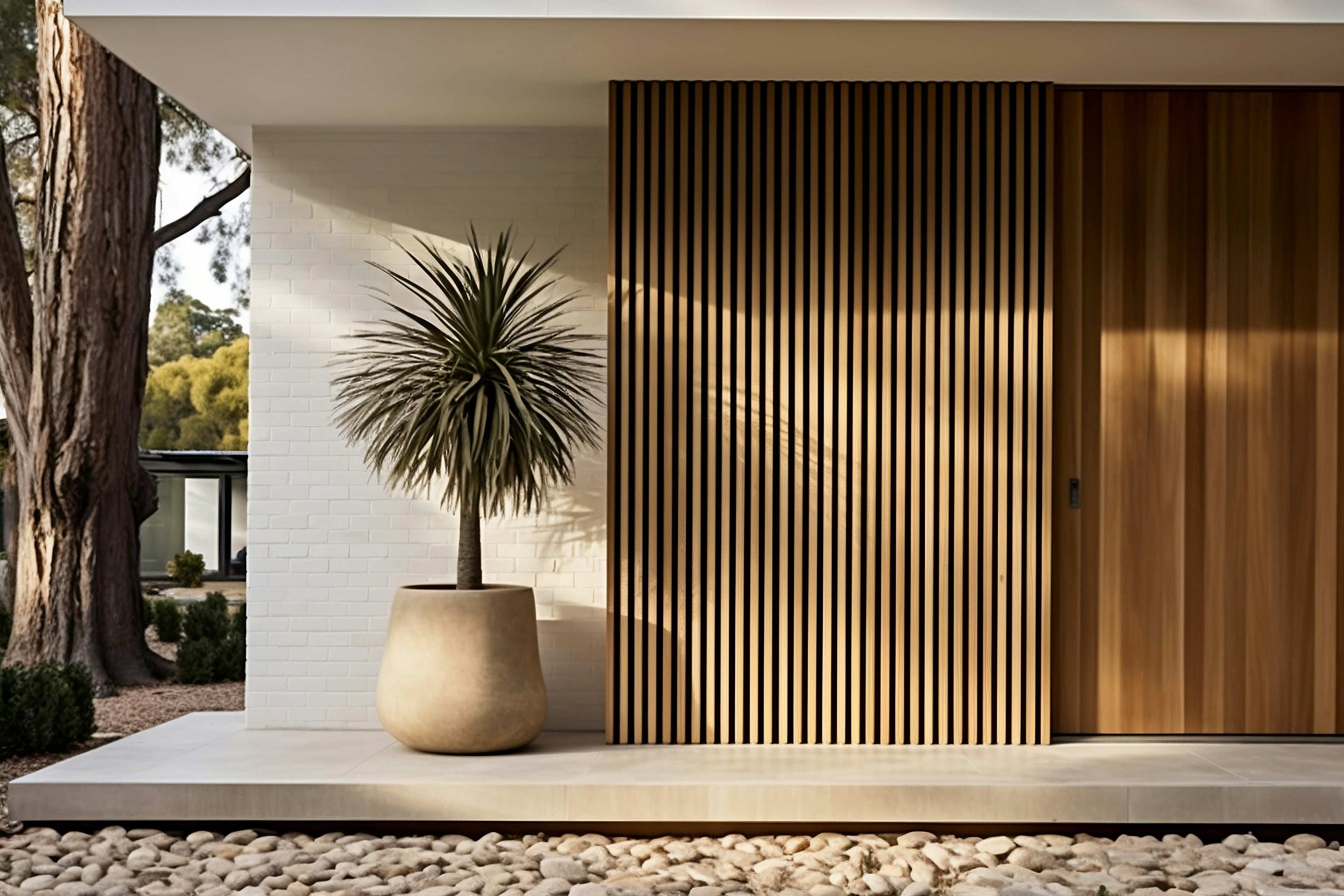 Front entrance of a modern home with warm wood slats and a planter